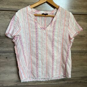 DREW L Pink Orange Purple White Striped V-Neck Top Boho Boardwalk Preppy Retro